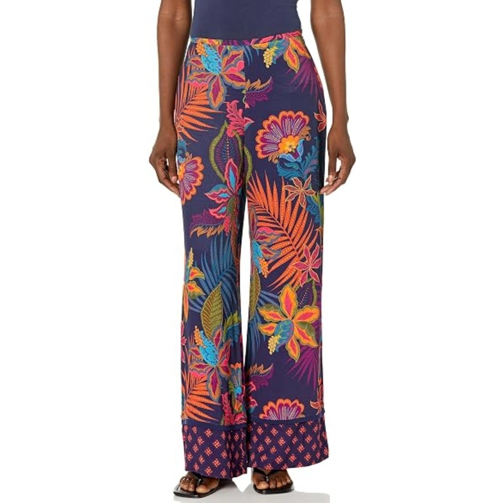 Trina Turk Wide Leg Danno Pants Womens 6 Navy Blue Tropical‎ Floral Resort Boho